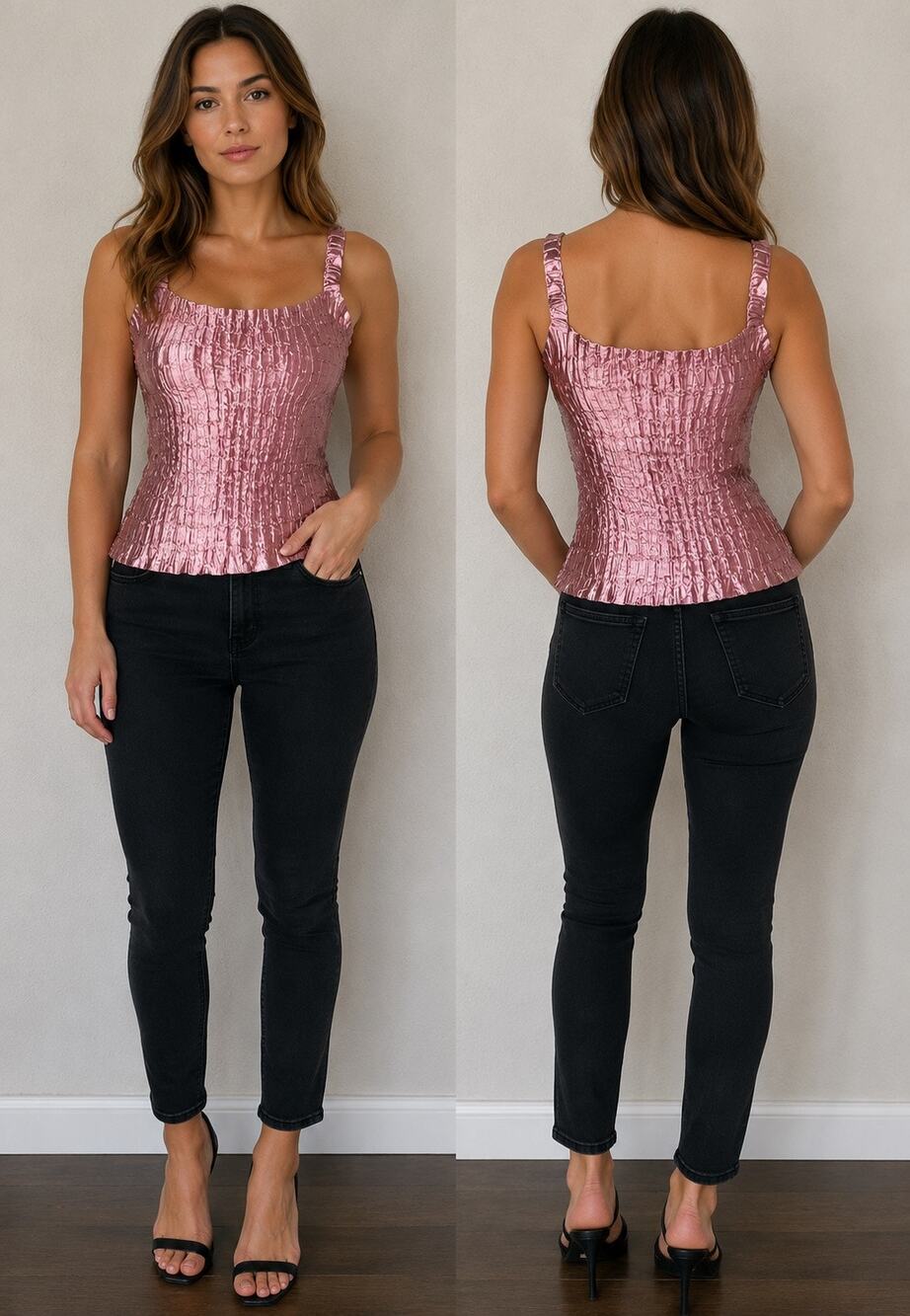 Jolie Mine Paris Made in France Y2K Crinkle Stretch Tank Top Dusty Rose Pink OS
